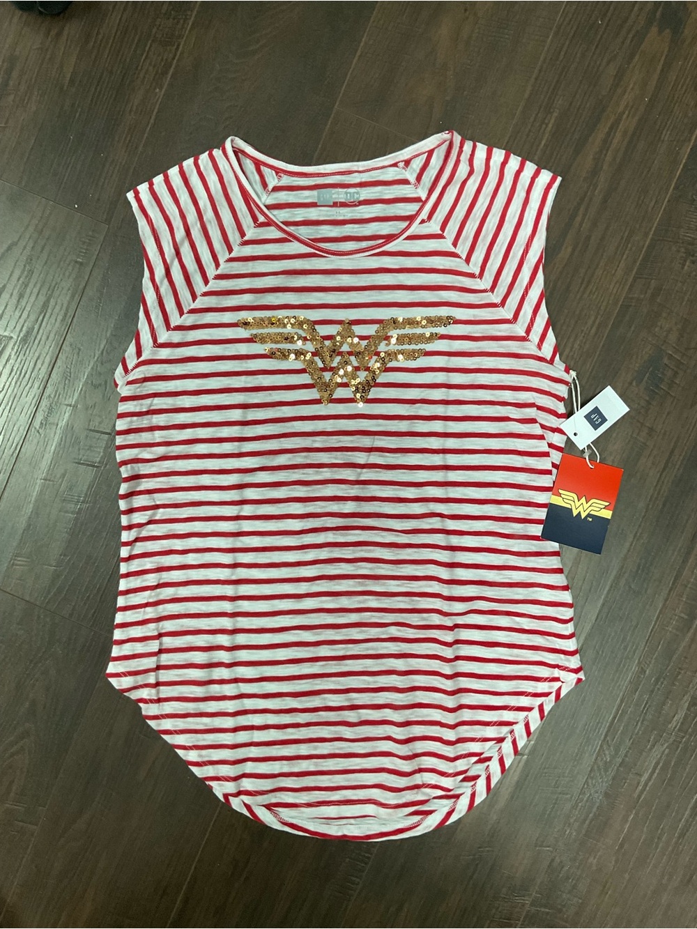 GAP Red & White Striped Tank with Gold Sequin Logo
